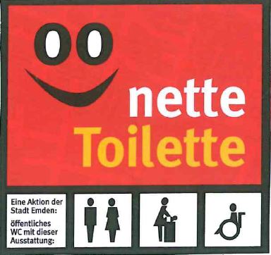 Das Logo der Netten Toiletten. Ein rotes Viereck mit Gesicht, dem Schriftzug nette Toilette und WC Piktogramm