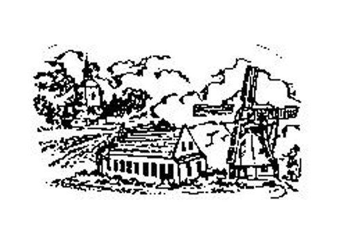 Gezeichnetes Logo mit Mühle, Haus und Kirche